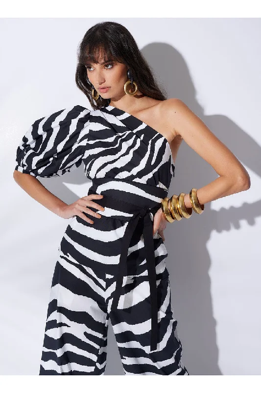 Comfortable Cotton Lingerie for Women Zebra Cotton Poplin Balloon One Shoulder Top
