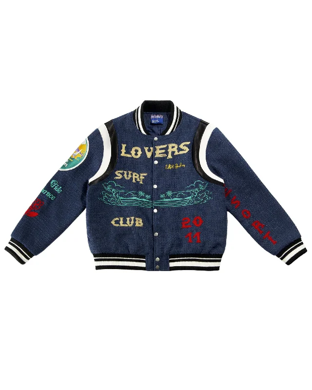 Slim - fit leather men jackets with a distressed finish for a rugged look"Lovers" Surf Club Varsity Letterman Jacket (True Blue) Slim - fit leather men jackets with a distressed finish for a rugged look"Lovers" Surf Club Varsity Letterman Jacket (True Blue)