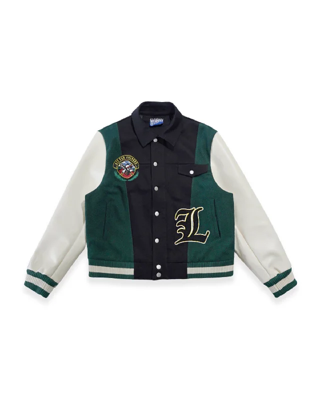 Down - filled men jackets in bright colors for winter fashion"Claridge" Letterman Jacket (Black Denim/Olive) Down - filled men jackets in bright colors for winter fashion"Claridge" Letterman Jacket (Black Denim/Olive)