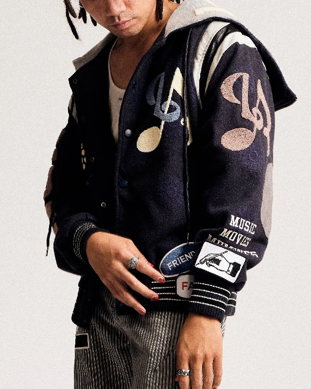 Hooded men jackets with a detachable faux - fur trim for added warmth"Orwell" Letterman Jacket (Navy) Hooded men jackets with a detachable faux - fur trim for added warmth"Orwell" Letterman Jacket (Navy)