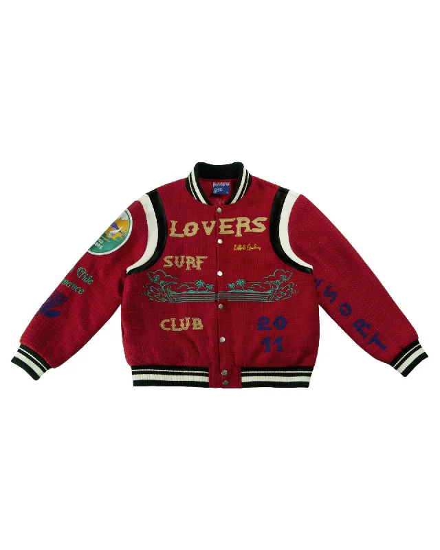 Men jackets with a built - in hood that can be stowed away when not in use"Lovers" Surf Club Varsity Letterman Jacket (True Red) Men jackets with a built - in hood that can be stowed away when not in use"Lovers" Surf Club Varsity Letterman Jacket (True Red)