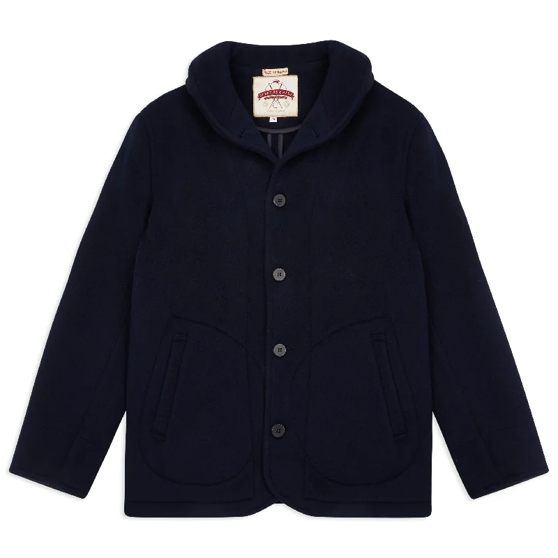 Slim - fit leather men jackets with a distressed finish for a rugged lookUnlined Shawl Collar Jacket - Navy Slim - fit leather men jackets with a distressed finish for a rugged lookUnlined Shawl Collar Jacket - Navy