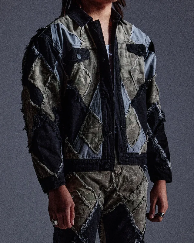 Plus - size men jackets with adjustable drawstrings for a comfortable fit"Pantages" Argyle Camo Trucker Jacket (Black Camo) Plus - size men jackets with adjustable drawstrings for a comfortable fit"Pantages" Argyle Camo Trucker Jacket (Black Camo)