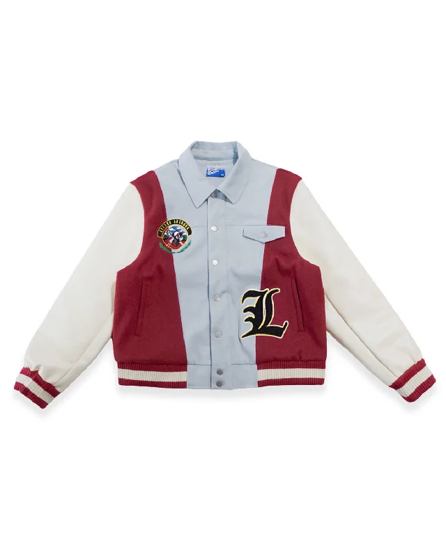 Hooded men jackets with a detachable faux - fur trim for added warmth"Claridge" Letterman Jacket (Denim/Red/Cream) Hooded men jackets with a detachable faux - fur trim for added warmth"Claridge" Letterman Jacket (Denim/Red/Cream)
