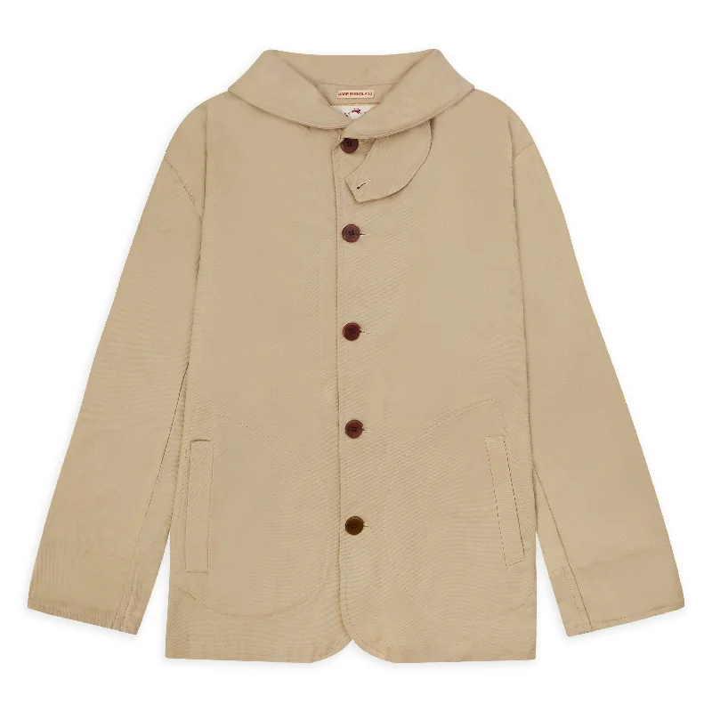 Slim - fit leather men jackets with a distressed finish for a rugged lookBurrows & Hare Twill Shawl Collar Jacket - Beige Slim - fit leather men jackets with a distressed finish for a rugged lookBurrows & Hare Twill Shawl Collar Jacket - Beige