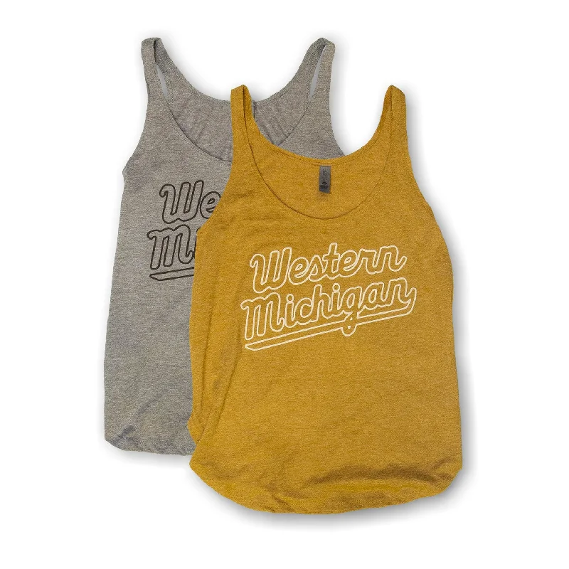 men's tank tops for beach tripsWestern Michigan Cursive Ladies Tank