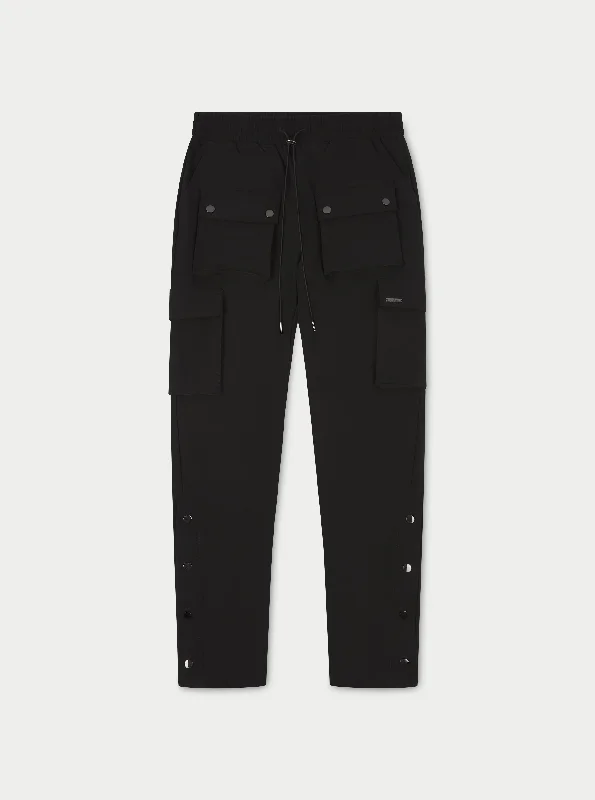 Men's ripped cargo pants for a trendy and edgy streetwear lookCargo Pants with Built - in Knee Pads for Protection during Work or SportsTECHNICAL STRETCH POPPER DETAIL CARGO PANTS - BLACK Men's ripped cargo pants for a trendy and edgy streetwear lookCargo Pants with Built - in Knee Pads for Protection during Work or SportsTECHNICAL STRETCH POPPER DETAIL CARGO PANTS - BLACK