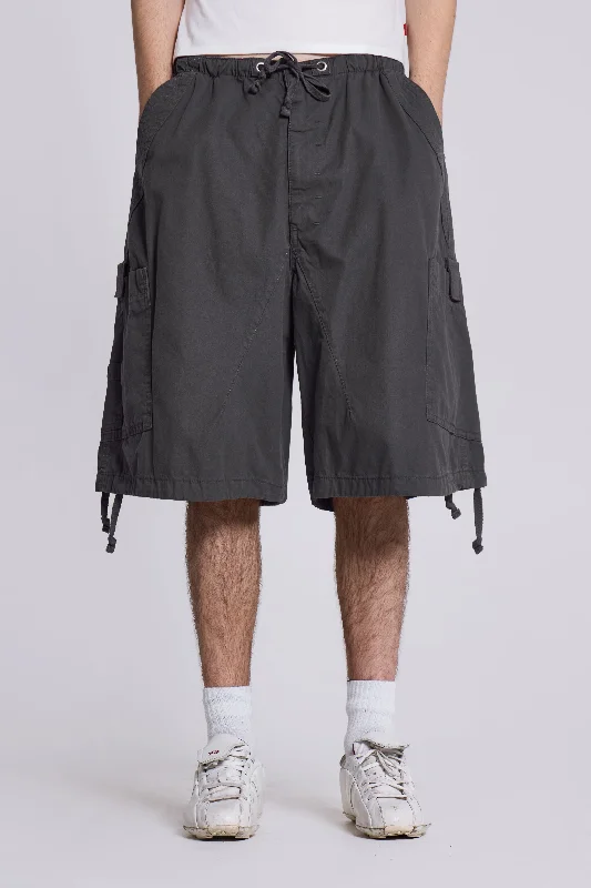 Men's cargo pants with elastic cuffs for a snug fit around the anklesZip - Pocket Men Cargo Pants to Keep Valuables Safe and SecureVintage Grey Parachute Cargo Shorts Men's cargo pants with elastic cuffs for a snug fit around the anklesZip - Pocket Men Cargo Pants to Keep Valuables Safe and SecureVintage Grey Parachute Cargo Shorts