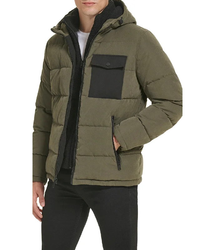 Men down jackets with a built - in hand - warmer pocket for cold fingersMen Down Jacket with Inner Pockets for Storing ValuablesColor Block Mixed Media Puffer Men down jackets with a built - in hand - warmer pocket for cold fingersMen Down Jacket with Inner Pockets for Storing ValuablesColor Block Mixed Media Puffer