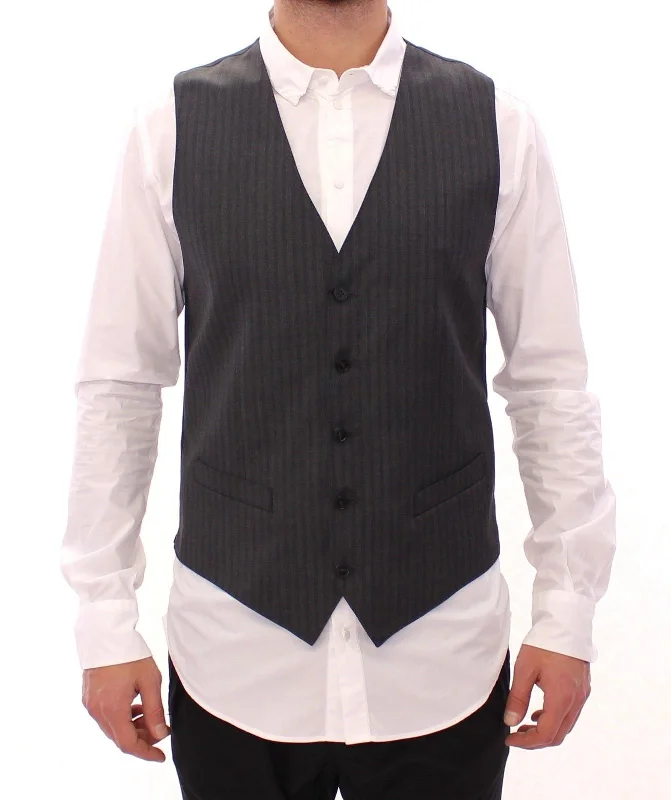 Leather men vest with studded details for a biker lookWaist - Cinching Men Waistcoat for a Defined and Stylish SilhouetteDolce & Gabbana Gray Striped Wool Single Breasted Men's Vest Leather men vest with studded details for a biker lookWaist - Cinching Men Waistcoat for a Defined and Stylish SilhouetteDolce & Gabbana Gray Striped Wool Single Breasted Men's Vest