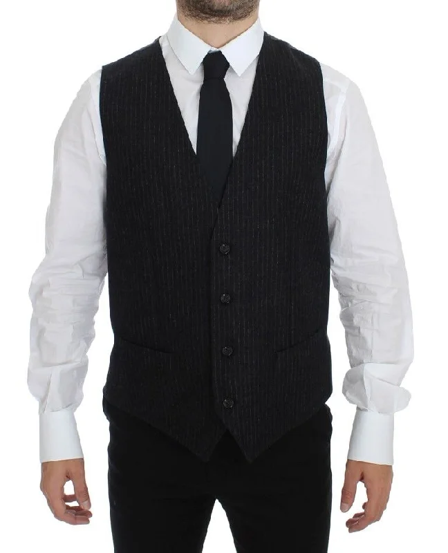Men vest with a zip - off hood for added protection in inclement weatherStretch - Fabric Men Waistcoat for Added Comfort and MobilityDolce & Gabbana Elegant Gray Striped Wool Dress Men's Vest Men vest with a zip - off hood for added protection in inclement weatherStretch - Fabric Men Waistcoat for Added Comfort and MobilityDolce & Gabbana Elegant Gray Striped Wool Dress Men's Vest