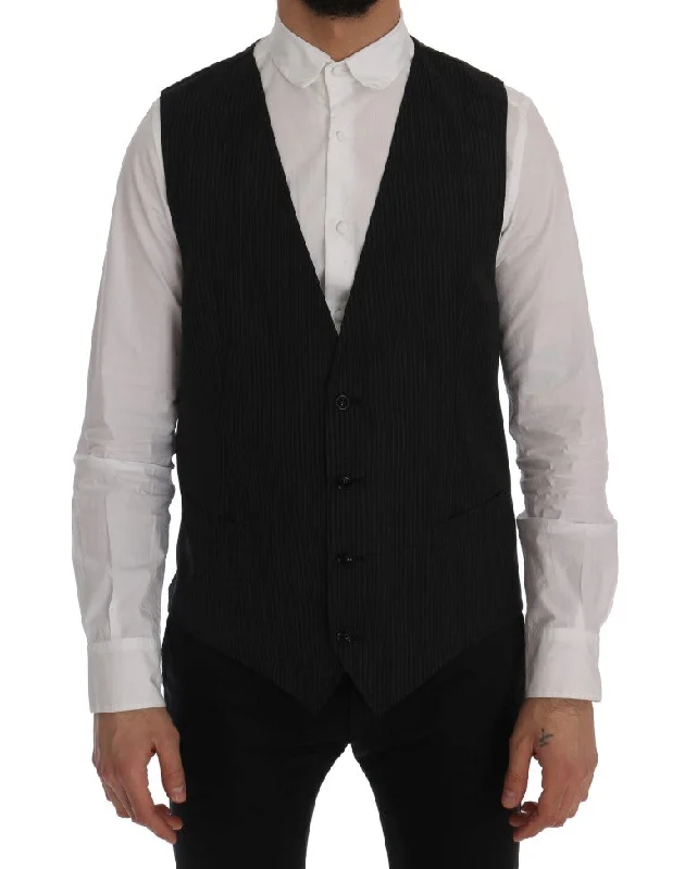 Men waistcoats with a removable lining for added versatilityLeather - Trimmed Men Waistcoat for a Touch of Edge and DurabilityDolce & Gabbana Elegant Gray Striped Wool Blend Men's Vest Men waistcoats with a removable lining for added versatilityLeather - Trimmed Men Waistcoat for a Touch of Edge and DurabilityDolce & Gabbana Elegant Gray Striped Wool Blend Men's Vest
