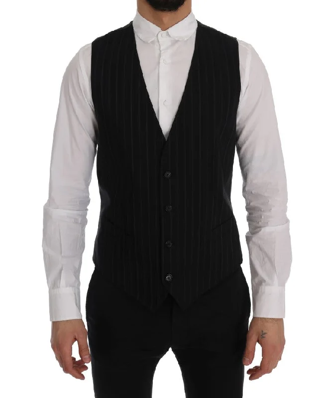 Men vest with a mandarin collar for a sophisticated appearanceAdjustable - Back Men Waistcoat for a Perfect FitDolce & Gabbana Elegant Striped Vest Men's Waistcoat Men vest with a mandarin collar for a sophisticated appearanceAdjustable - Back Men Waistcoat for a Perfect FitDolce & Gabbana Elegant Striped Vest Men's Waistcoat