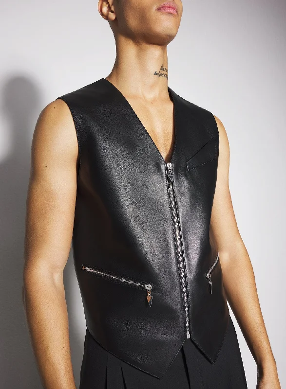 Men vest with a mandarin collar for a sophisticated appearanceAdjustable - Back Men Waistcoat for a Perfect Fitblack leather zipper vest Men vest with a mandarin collar for a sophisticated appearanceAdjustable - Back Men Waistcoat for a Perfect Fitblack leather zipper vest