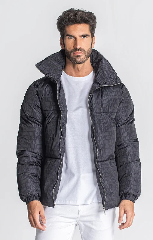 Men down jackets with a built - in hand - warmer pocket for cold fingersMen Down Jacket with Inner Pockets for Storing ValuablesBlack Typo Puffer Jacket Men down jackets with a built - in hand - warmer pocket for cold fingersMen Down Jacket with Inner Pockets for Storing ValuablesBlack Typo Puffer Jacket