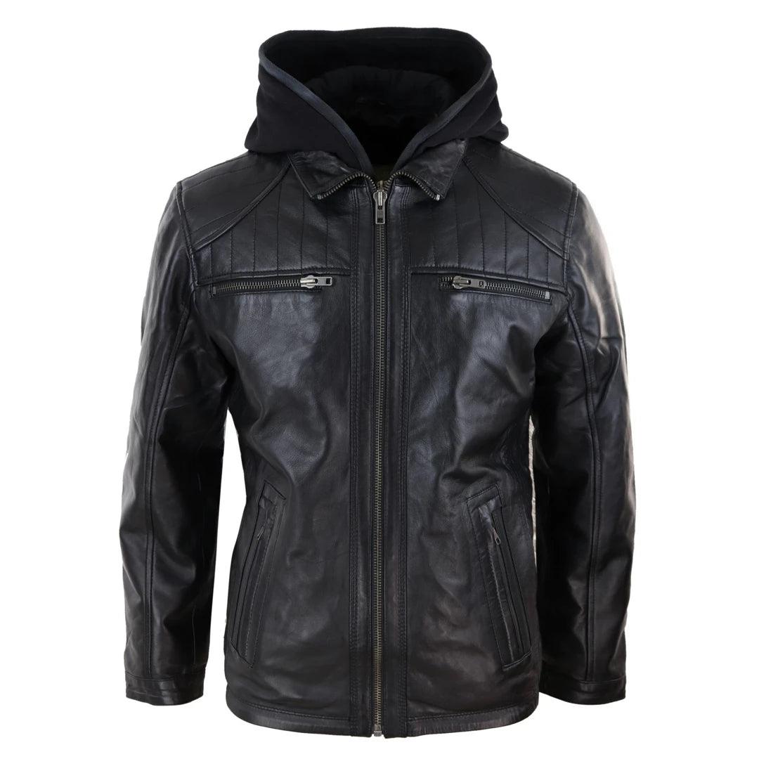 Retro - inspired men hoodie with a varsity logoFur - Lined Hood Men Hoodie for a Luxurious and Warm FeelMens Black Hoodie Real Leather Jacket Casual Removable Hood Zip Napa