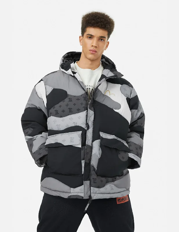 Men down jackets with a recycled down fill for an eco - conscious choiceSustainable - Filled Men Down Jacket with Ethical SourcingQuilted Camouflage Panels and Allover Logo Print Loose Fit Down Jacket Men down jackets with a recycled down fill for an eco - conscious choiceSustainable - Filled Men Down Jacket with Ethical SourcingQuilted Camouflage Panels and Allover Logo Print Loose Fit Down Jacket
