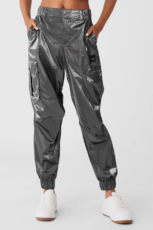 Metallic High-Waist Break Line Jogger - Silver Metallic