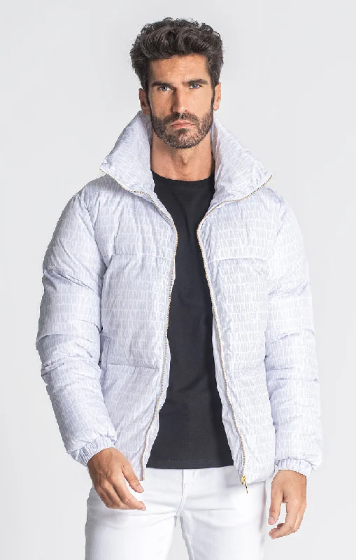 Men down jackets with a recycled down fill for an eco - conscious choiceSustainable - Filled Men Down Jacket with Ethical SourcingWhite Typo Puffer Jacket Men down jackets with a recycled down fill for an eco - conscious choiceSustainable - Filled Men Down Jacket with Ethical SourcingWhite Typo Puffer Jacket