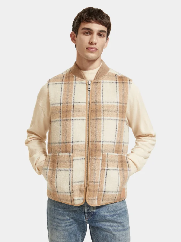 Men vest with a mandarin collar for a sophisticated appearanceAdjustable - Back Men Waistcoat for a Perfect FitWool blend zip-through check gilet Men vest with a mandarin collar for a sophisticated appearanceAdjustable - Back Men Waistcoat for a Perfect FitWool blend zip-through check gilet