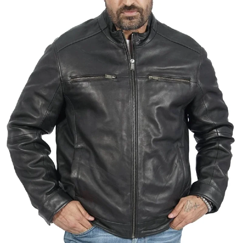 Men leather sport coats with a stretch - fabric panel for enhanced mobilityNotch - Collar Men Coat for a Sophisticated and Dapper LookBruce Black Leather Jacket Men leather sport coats with a stretch - fabric panel for enhanced mobilityNotch - Collar Men Coat for a Sophisticated and Dapper LookBruce Black Leather Jacket