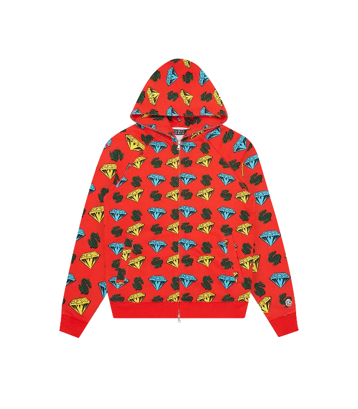 Men hoodie with a drawstring hood and adjustable hemRaglan - Sleeve Men Hoodie for Better Arm MovementDIAMONDS & DOLLARS ZIP THROUGH HOOD - RED Men hoodie with a drawstring hood and adjustable hemRaglan - Sleeve Men Hoodie for Better Arm MovementDIAMONDS & DOLLARS ZIP THROUGH HOOD - RED