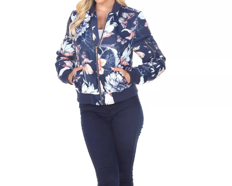 Floral Bomber Jacket In Navy