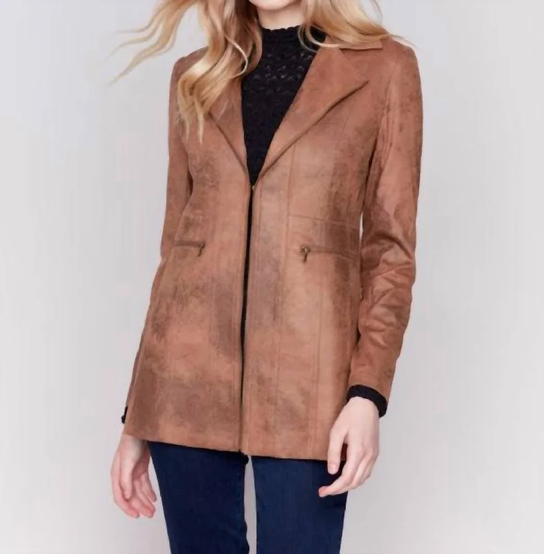 Long Vintage Faux Suede Jacket In Truffle