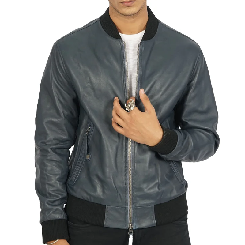 Men leather safari jackets with a breathable cotton - blend exterior for outdoor adventuresPea - Coat Men Coat with a Navy and Classic DesignMasako Blue Leather Bomber Jacket Men leather safari jackets with a breathable cotton - blend exterior for outdoor adventuresPea - Coat Men Coat with a Navy and Classic DesignMasako Blue Leather Bomber Jacket