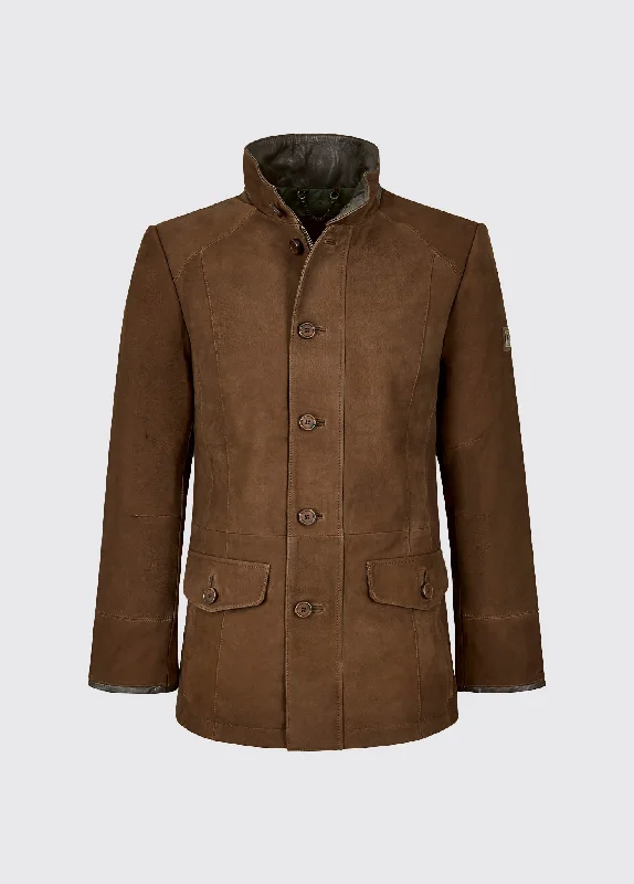 Men leather windbreakers with a lightweight leather construction for a breezy feelToggle - Fastened Men Coat for a Rustic and Casual VibeMoore Leather Jacket - Walnut Men leather windbreakers with a lightweight leather construction for a breezy feelToggle - Fastened Men Coat for a Rustic and Casual VibeMoore Leather Jacket - Walnut