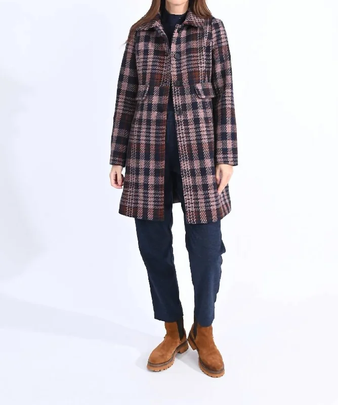 Plaid Pattern Woven Coat In Navy Blue