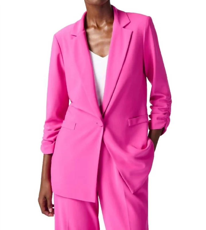 Silky Knit Shirred Sleeves Blazer In Pink