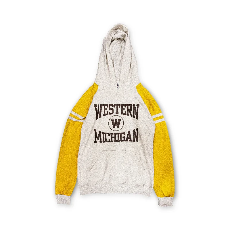 Men hoodie for gym workouts with moisture - wicking technologyEmbroidered Patch Men Hoodie with a Vintage - Inspired DesignWestern Michigan Colorblock Hoodie Men hoodie for gym workouts with moisture - wicking technologyEmbroidered Patch Men Hoodie with a Vintage - Inspired DesignWestern Michigan Colorblock Hoodie