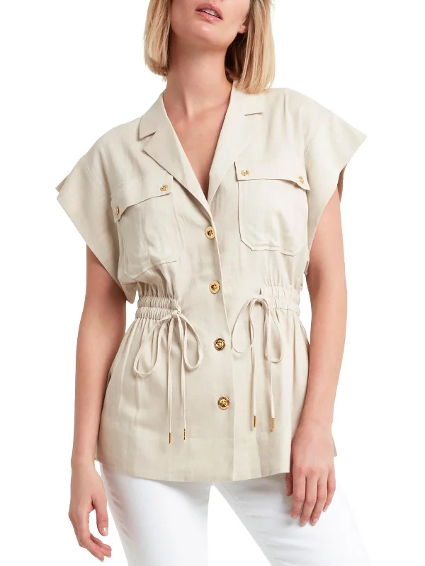 Womens Linen Blend Cinch Waist Utility Jacket