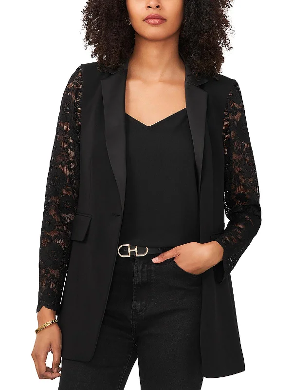 Womens Mixed Media Lace Sleeve One-Button Blazer