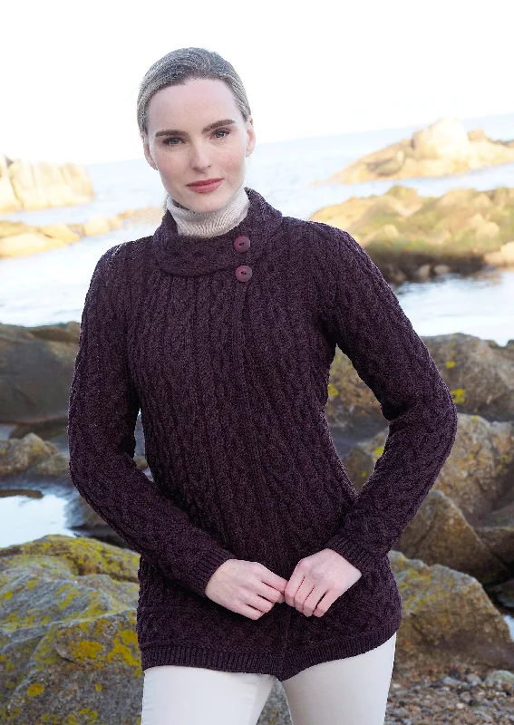 Meath Side Button Aran Cardigan | Plum