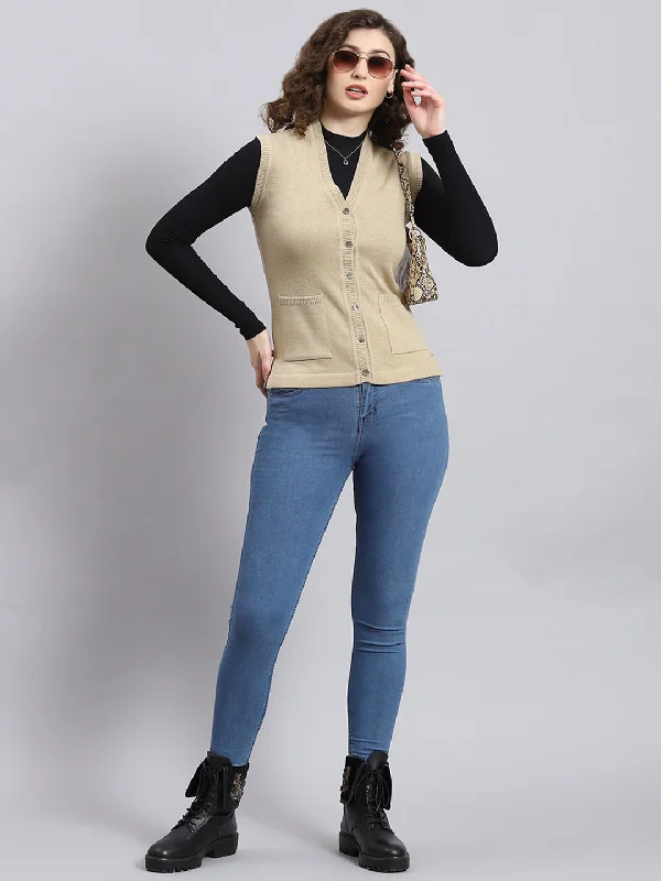 Women Beige Solid V Neck Sleeveless Cardigan