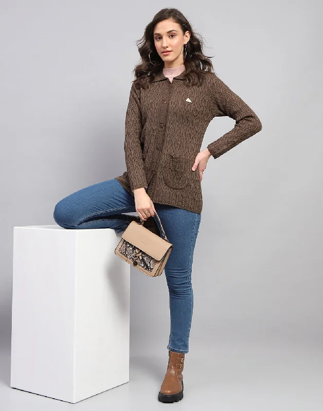 Women Brown Self Design Collar Full Sleeve Cardigan