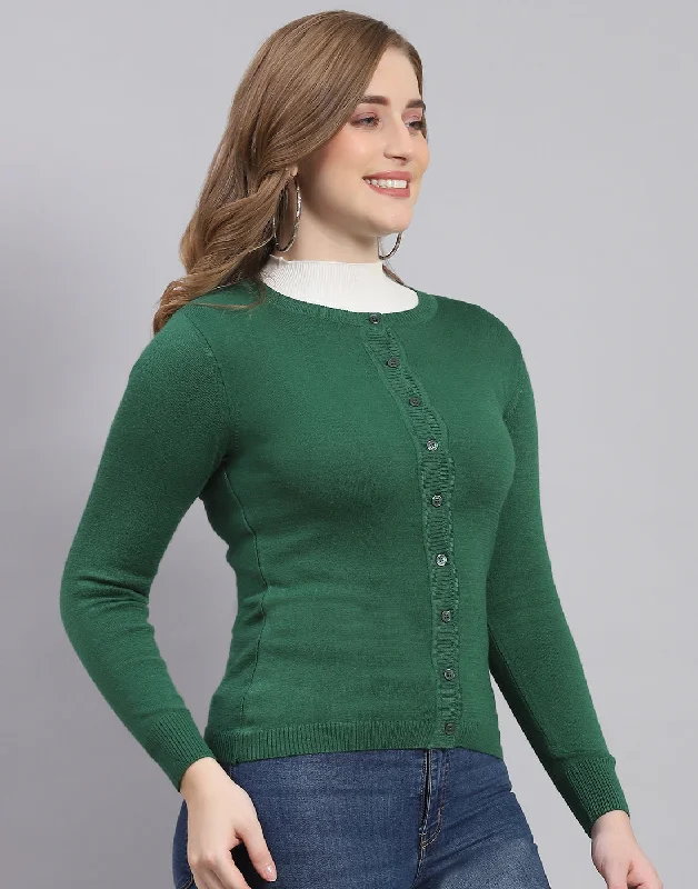 Women Green Solid Round Neck Full Sleeve Cardigan