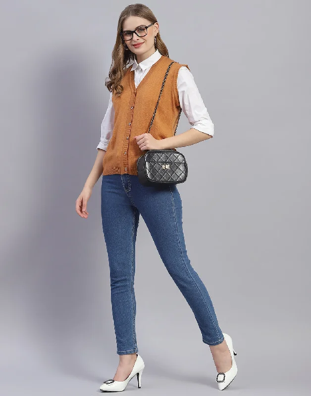 Women Mustard Solid V Neck Sleeveless Cardigan