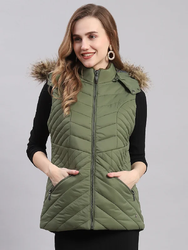 Women Olive Solid Hooded Sleeveless Jackets