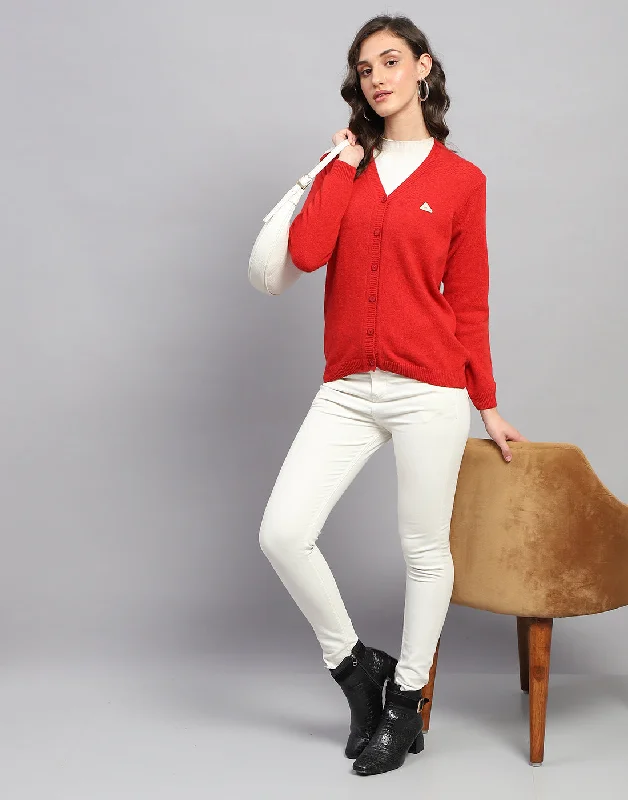 Women Red Solid V Neck Full Sleeve Cardigan