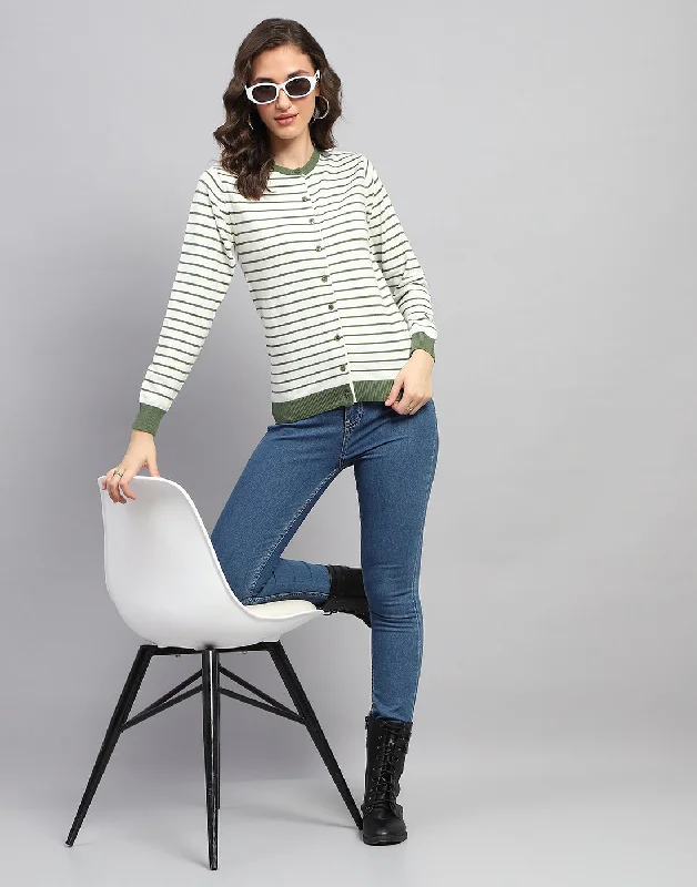 Women White Stripe Round Neck Full Sleeve Cardigan