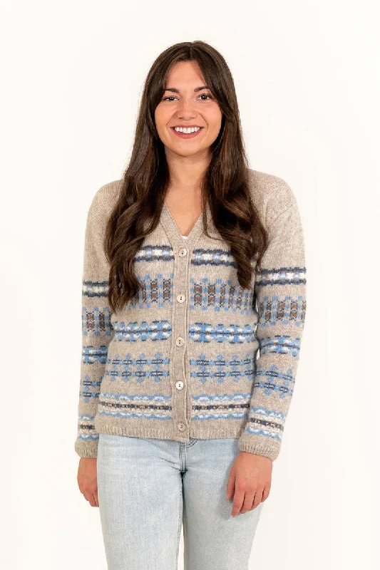 Womens Craigievar V-neck Fair isle Cardigan - Beige Blue