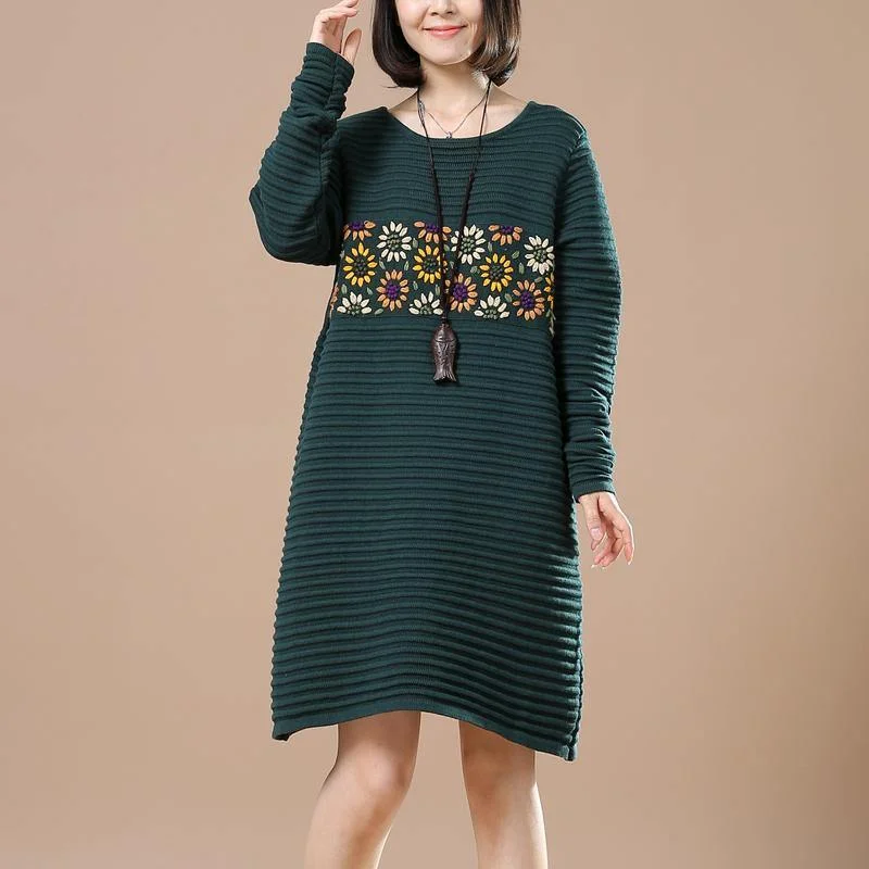 2018 blackish green long sweaters casual pullover sweater Elegant long knit sweaters joyful sunflower embroidered