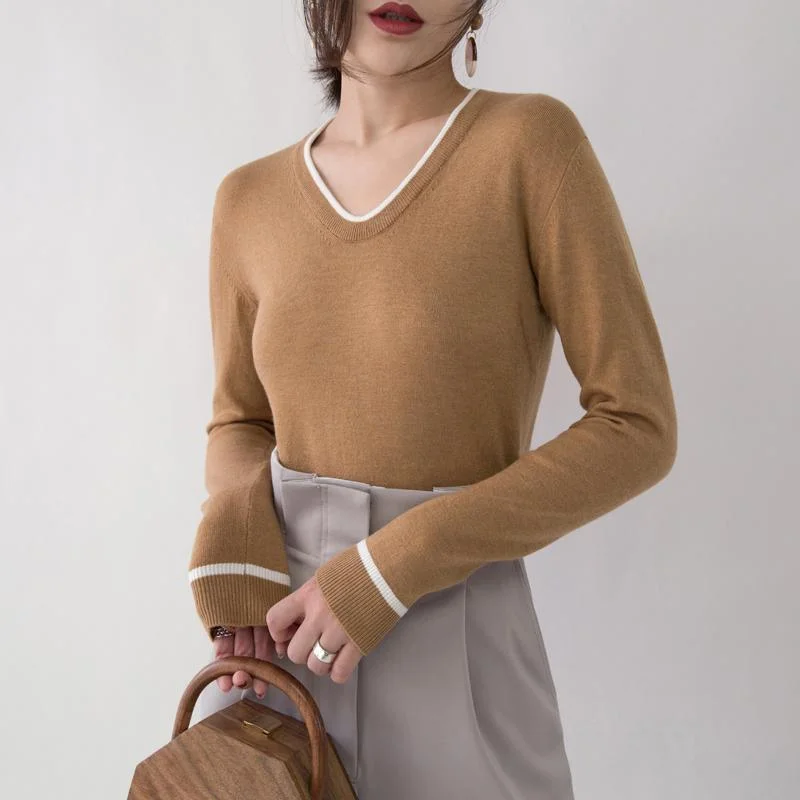 boutique brown knit sweaters oversized V neck pullover New slim side open fashion sweaters