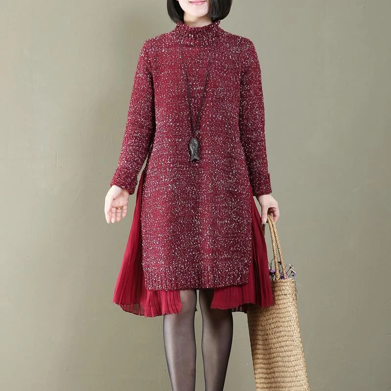 boutique red shinning pleated patchwork knit dresses oversized long sweaters pullover top quality spring dresses