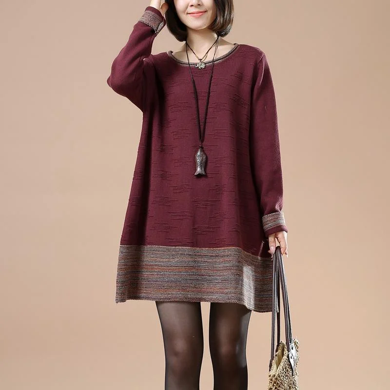 Brick red jacquard pullover sweaters knit dress