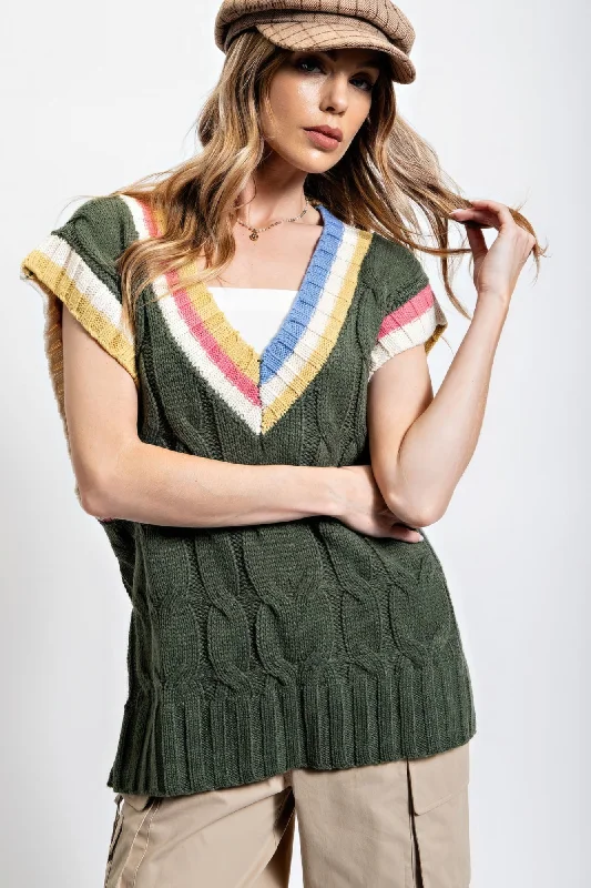 Hot Girl Multi Color Knitted Sweater Vest In Forest Green