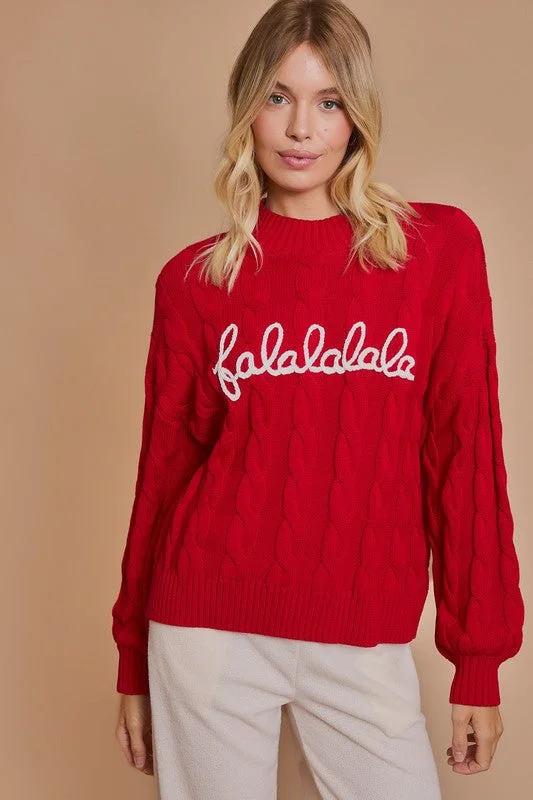 'Falalalala' Mock Neck Pullover Cable Knit Christmas Sweater